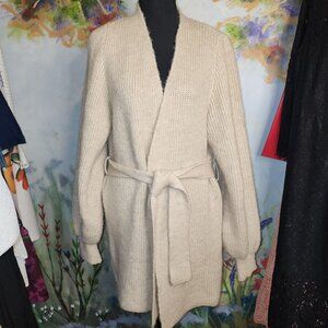 Wool Knit Beige Long Cardigan Sweater With Tie Belt